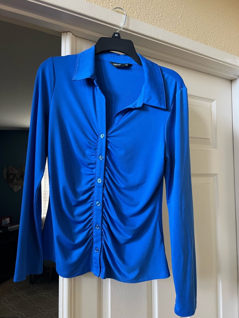 Blue Ruched Button-Front Top